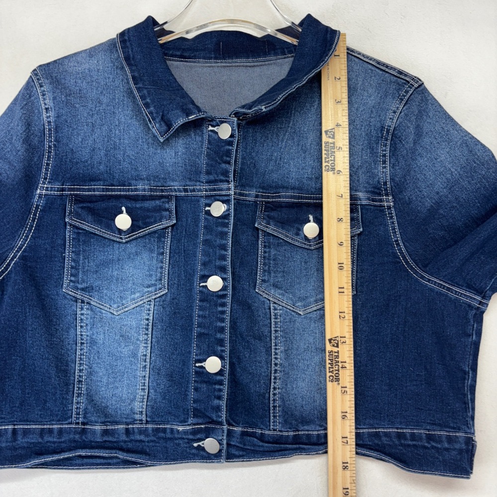Allegra K Denim Jacket Women XL Dark Blue Cropped Stretch Button Front Trucker - Picture 3 of 6